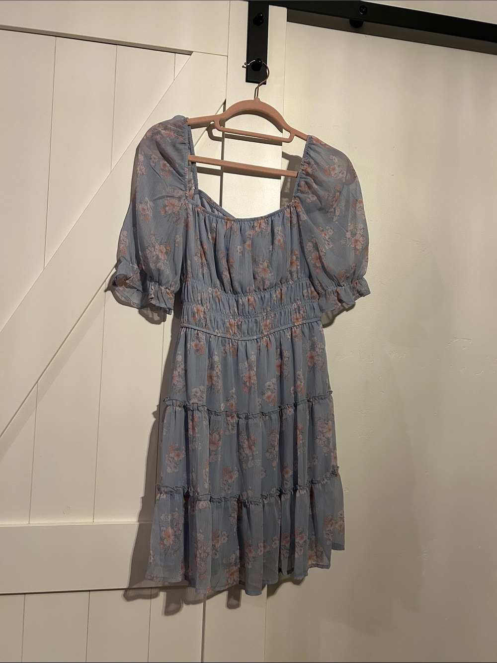 Trixxi Blue Floral Mini Dress with Pink Roses and sheer sleeves
